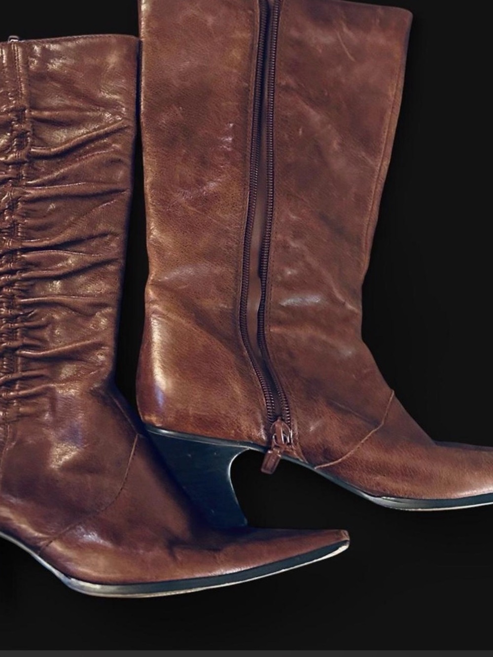 Seychelles UNUSUALLY Rare Brown Leather Scrunch Mid-Calf Boots Pointed Toe